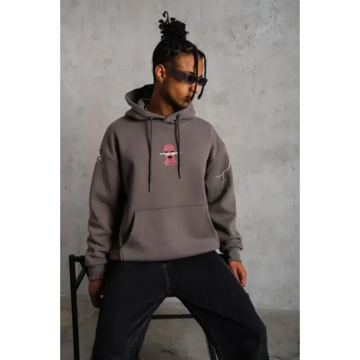 Erkek 3 İplik Pamuklu Kapüşonlu Baskılı Cepli Oversize Sweatshirt Hoodie - Gri