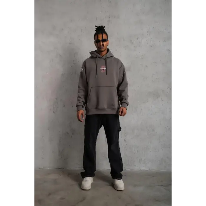 Erkek 3 İplik Pamuklu Kapüşonlu Baskılı Cepli Oversize Sweatshirt Hoodie - Gri