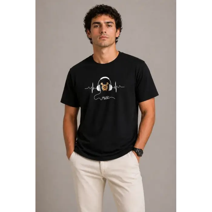 Erkek Müzik Temalı Baskılı Tişört Bisiklet Yaka Kısa Kol T-Shirt - Siyah