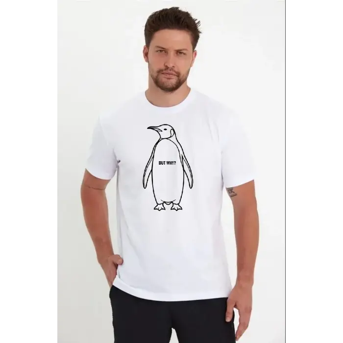 Erkek T-Shirt Nihilist Penguen Baskılı Bisiklet Yaka Kısa kol yazlık Tişört - Beyaz
