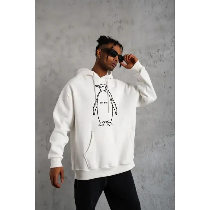 Erkek Nihilist Penguen Baskılı 3 İplik Pamuklu Kapüşonlu Sweatshirt Hoodie Beyaz