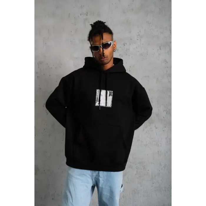 Erkek 3 İplik Pamuklu Kapüşonlu Baskılı Cepli Oversize Sweatshirt Hoodie - Siyah