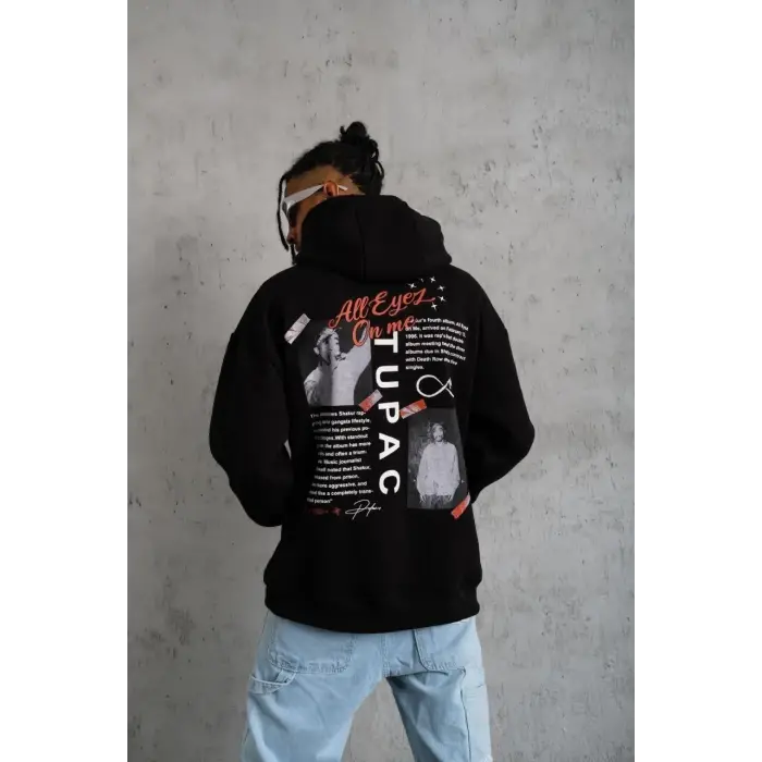 Erkek 3 İplik Pamuklu Kapüşonlu Baskılı Cepli Oversize Sweatshirt Hoodie - Siyah