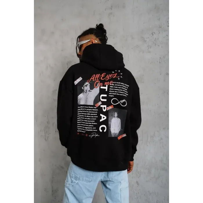 Erkek 3 İplik Pamuklu Kapüşonlu Baskılı Cepli Oversize Sweatshirt Hoodie - Siyah