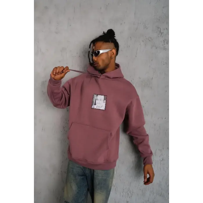 Erkek 3 İplik Pamuklu Kapüşonlu Baskılı Cepli Sweatshirt Hoodie - Gül Kurusu