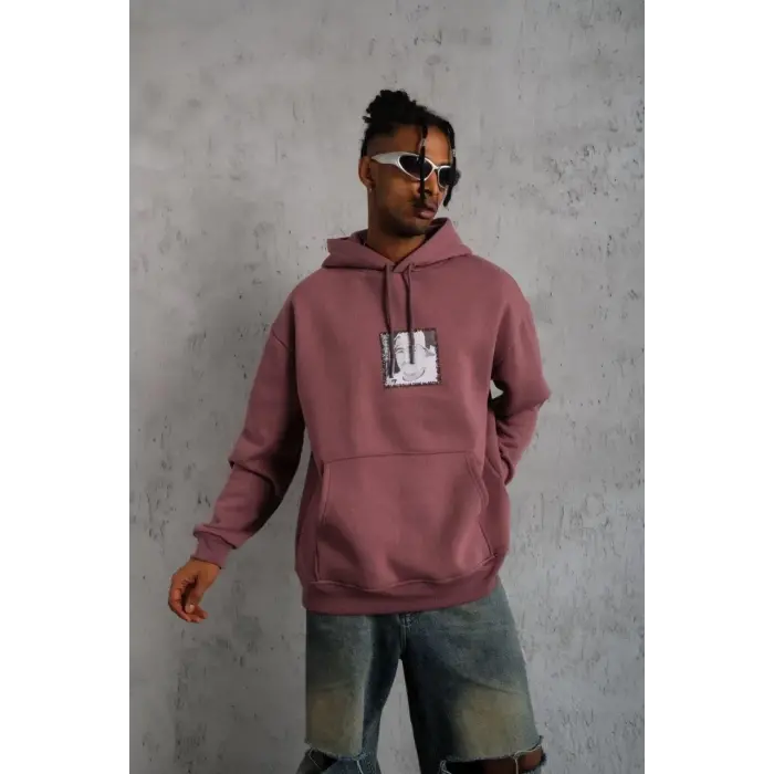 Erkek 3 İplik Pamuklu Kapüşonlu Baskılı Cepli Sweatshirt Hoodie - Gül Kurusu