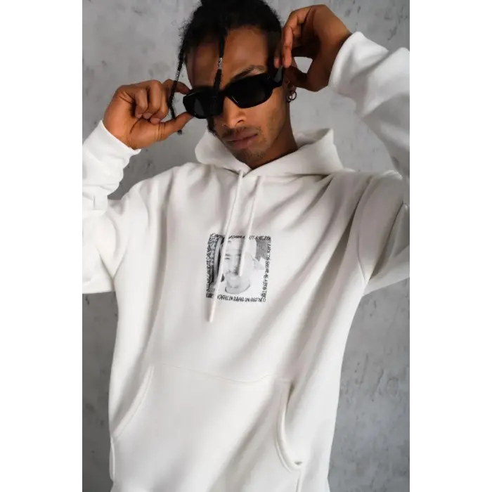 Erkek 3 İplik Pamuklu Kapüşonlu Baskılı Cepli Oversize Sweatshirt Hoodie - Beyaz