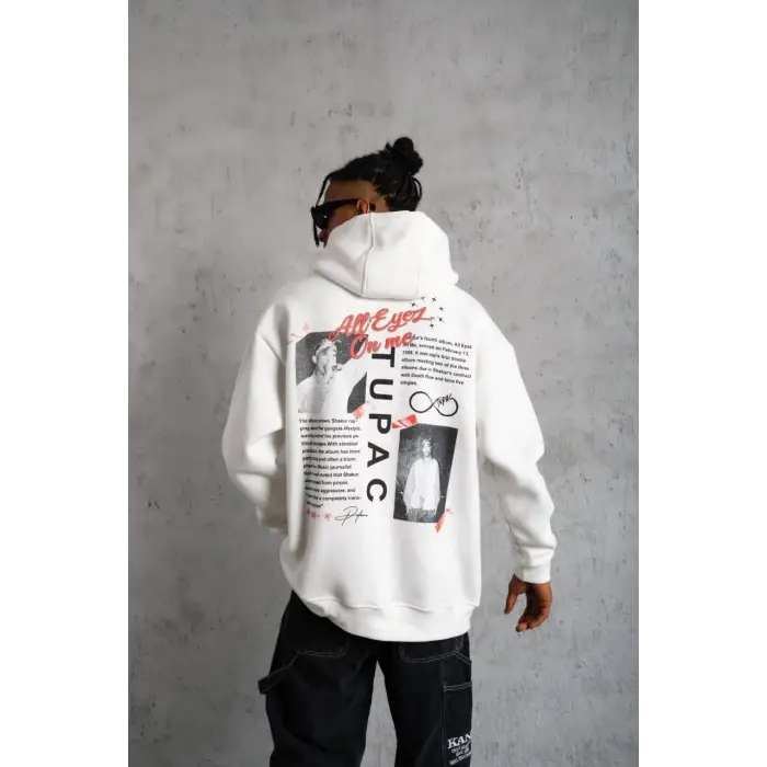 Erkek 3 İplik Pamuklu Kapüşonlu Baskılı Cepli Oversize Sweatshirt Hoodie - Beyaz