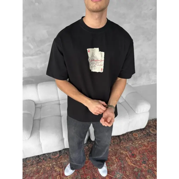 ERKEK Tişört Kısa Kol Ön ve Arka Baskılı Oversize Bisiklet Yaka T-shirt - Siyah