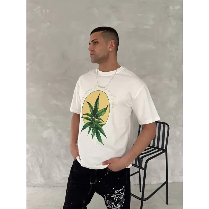 Erkek Kısa Kol Yazlık Tişört Bisiklet Yaka Baskılı Oversize T-Shirt - Beyaz