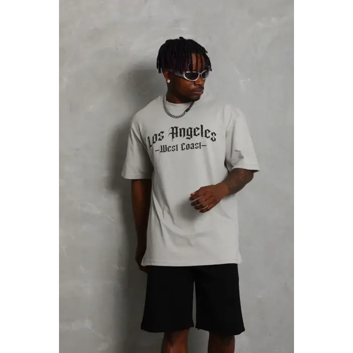 Erkek Baskılı Tişört Kısa Kol Bisiklet Yaka Oversize T-Shirt - Gri