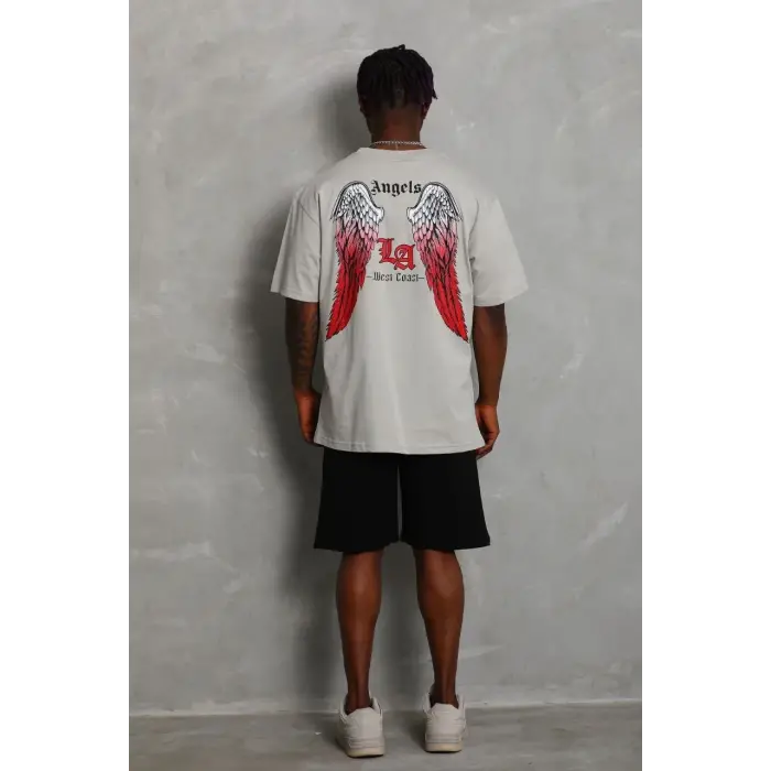 Erkek Baskılı Tişört Kısa Kol Bisiklet Yaka Oversize T-Shirt - Gri