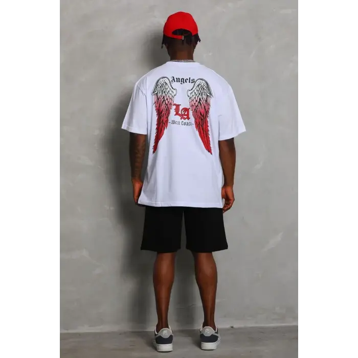 Erkek Kısa Kol Tişört Bisiklet Yaka KANAT Baskılı Oversize T-Shirt - Beyaz