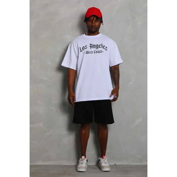 Erkek Kısa Kol Tişört Bisiklet Yaka KANAT Baskılı Oversize T-Shirt - Beyaz