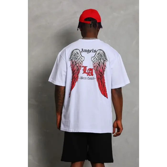 Erkek Kısa Kol Tişört Bisiklet Yaka KANAT Baskılı Oversize T-Shirt - Beyaz
