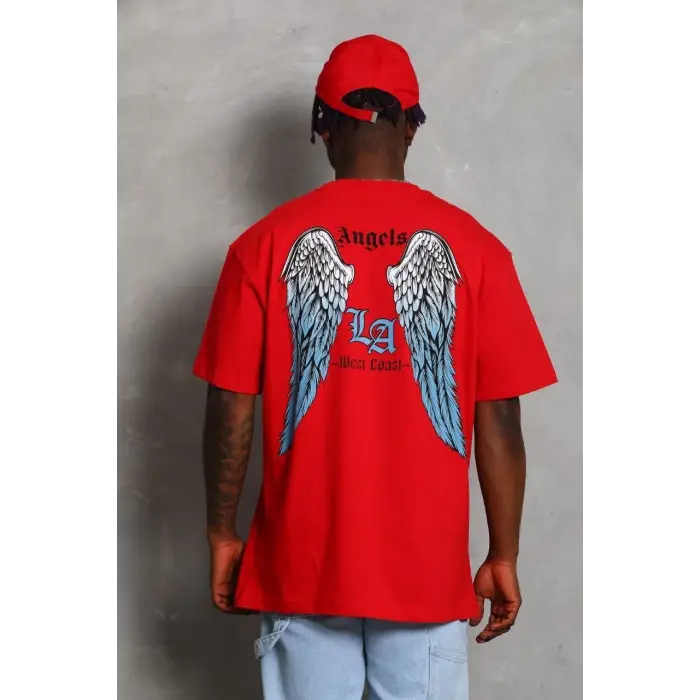 Erkek Baskılı Tişört Kısa Kol Bisiklet Yaka Oversize T-Shirt - Kırmızı