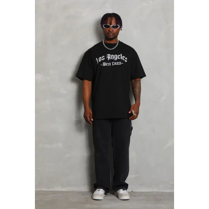Erkek Baskılı Tişört Kısa Kol Bisiklet Yaka Oversize T-Shirt - Siyah