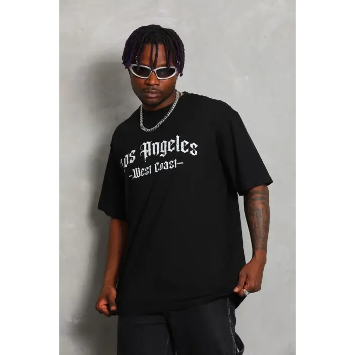 Erkek Baskılı Tişört Kısa Kol Bisiklet Yaka Oversize T-Shirt - Siyah