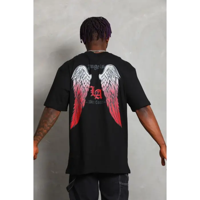 Erkek Baskılı Tişört Kısa Kol Bisiklet Yaka Oversize T-Shirt - Siyah