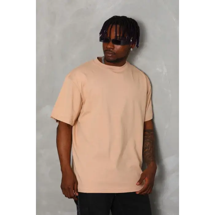 Erkek Düz Yazlık Kısa Kol Tişört Bisiklet Yaka Oversize T-Shirt - Bej