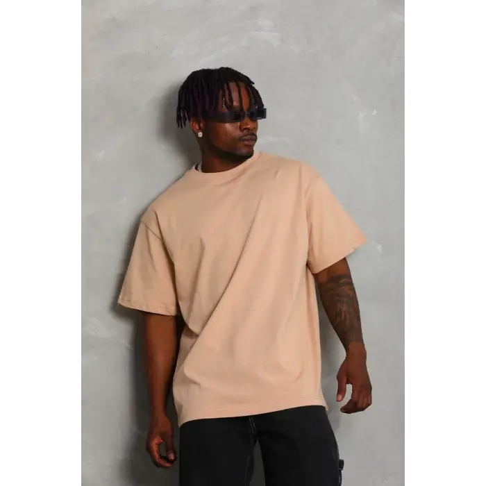Erkek Düz Yazlık Kısa Kol Tişört Bisiklet Yaka Oversize T-Shirt - Bej