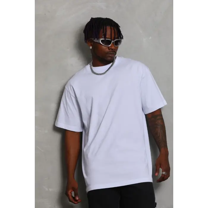 Erkek Düz Yazlık Kısa Kol Tişört Bisiklet Yaka Oversize T-Shirt - Beyaz