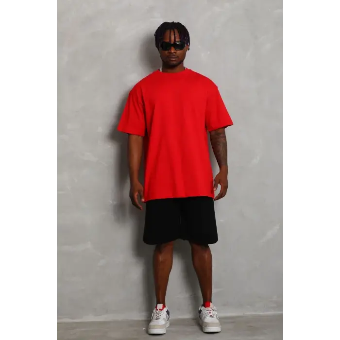 Erkek Düz Yazlık Kısa Kol Tişört Bisiklet Yaka Oversize T-Shirt - Kırmızı