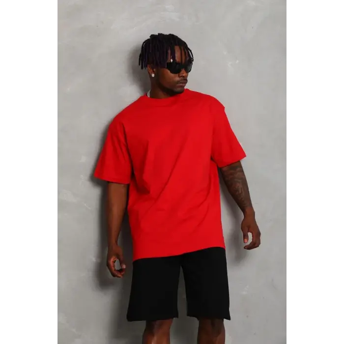 Erkek Düz Yazlık Kısa Kol Tişört Bisiklet Yaka Oversize T-Shirt - Kırmızı