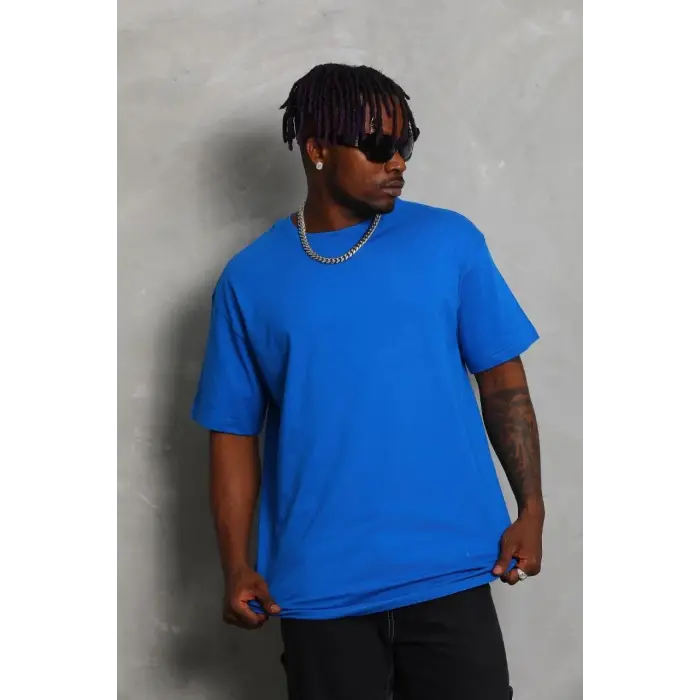 Erkek Düz Yazlık Kısa Kol Tişört Bisiklet Yaka Oversize T-Shirt - Mavi