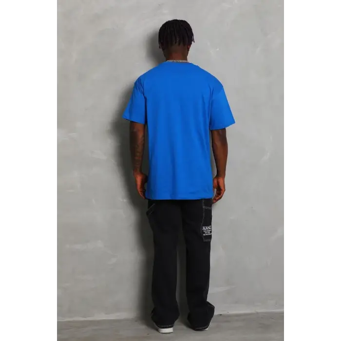 Erkek Düz Yazlık Kısa Kol Tişört Bisiklet Yaka Oversize T-Shirt - Mavi