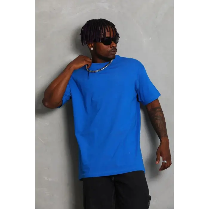 Erkek Düz Yazlık Kısa Kol Tişört Bisiklet Yaka Oversize T-Shirt - Mavi