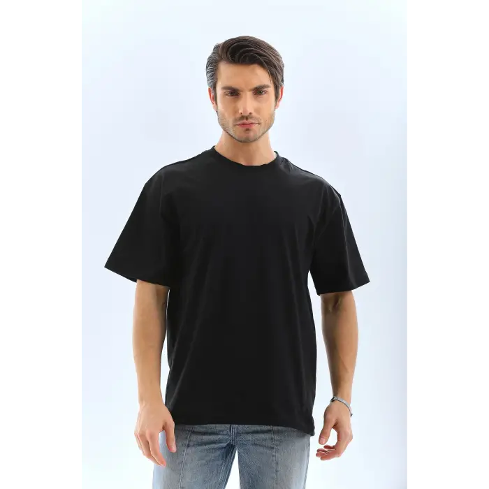 Erkek Düz Yazlık Kısa Kol Tişört Bisiklet Yaka Oversize T-Shirt - Siyah
