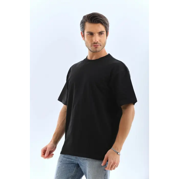 Erkek Düz Yazlık Kısa Kol Tişört Bisiklet Yaka Oversize T-Shirt - Siyah