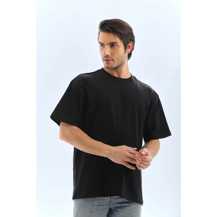 Erkek Düz Yazlık Kısa Kol Tişört Bisiklet Yaka Oversize T-Shirt - Siyah