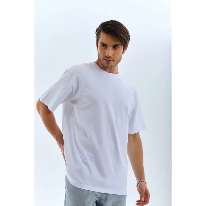 Erkek Düz Yazlık Kısa Kol Tişört Bisiklet Yaka Oversize T-Shirt - Beyaz