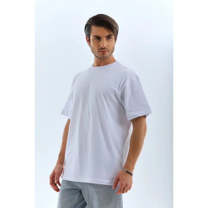 Erkek Düz Yazlık Kısa Kol Tişört Bisiklet Yaka Oversize T-Shirt - Beyaz