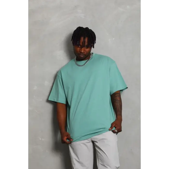 Erkek Düz Yazlık Kısa Kol Tişört Bisiklet Yaka Oversize T-Shirt - Mint Yeşili