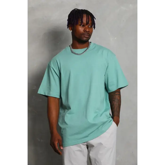 Erkek Düz Yazlık Kısa Kol Tişört Bisiklet Yaka Oversize T-Shirt - Mint Yeşili