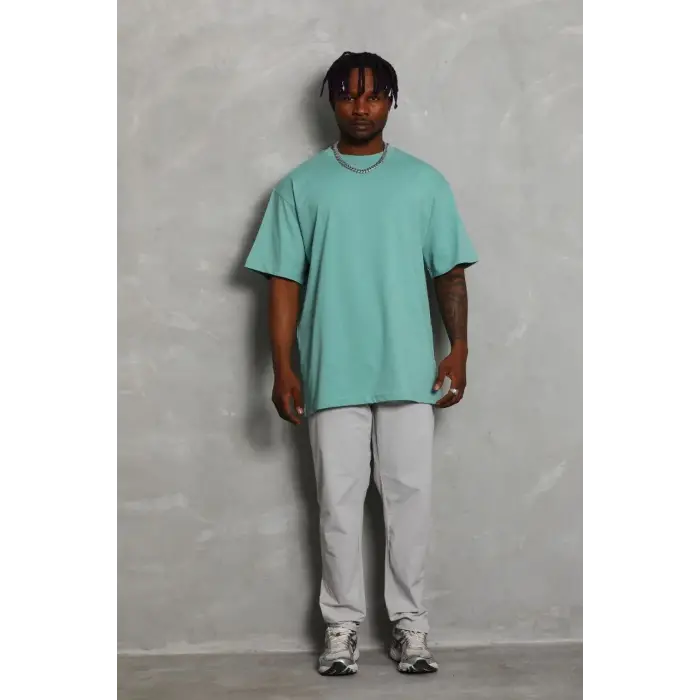 Erkek Düz Yazlık Kısa Kol Tişört Bisiklet Yaka Oversize T-Shirt - Mint Yeşili