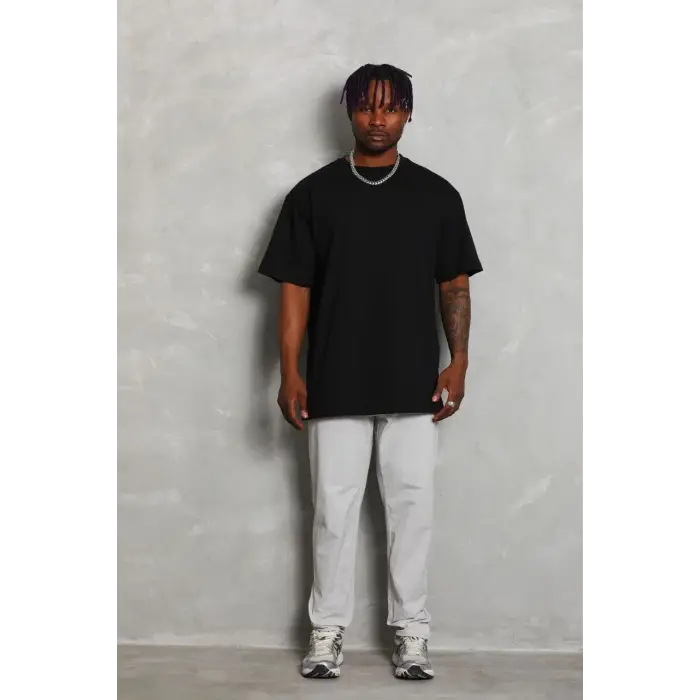 Erkek Düz Yazlık Kısa Kol Tişört Bisiklet Yaka Oversize T-Shirt - Siyah
