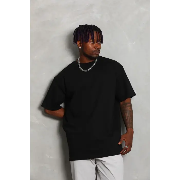 Erkek Düz Yazlık Kısa Kol Tişört Bisiklet Yaka Oversize T-Shirt - Siyah