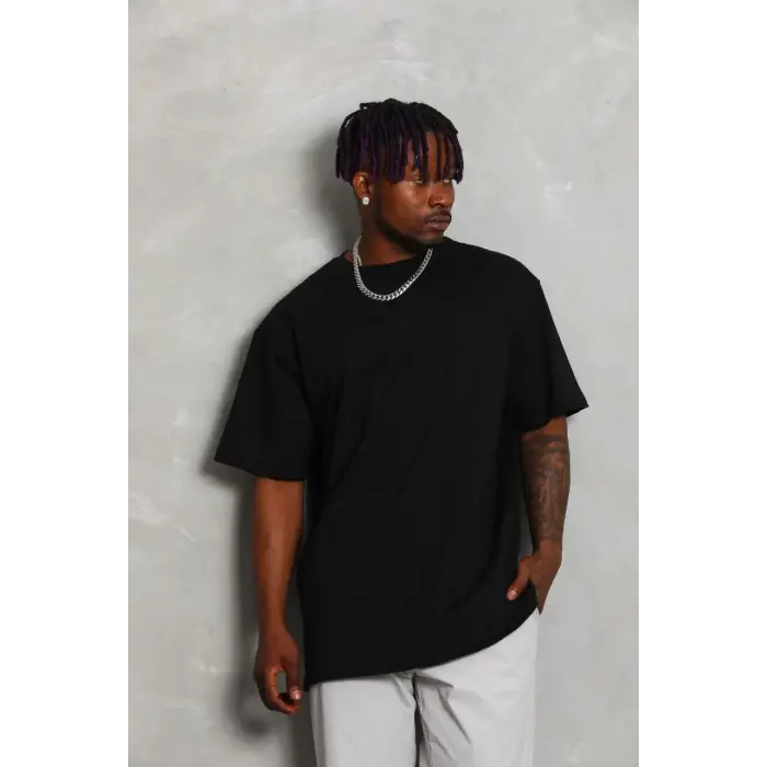 Erkek Düz Yazlık Kısa Kol Tişört Bisiklet Yaka Oversize T-Shirt - Siyah