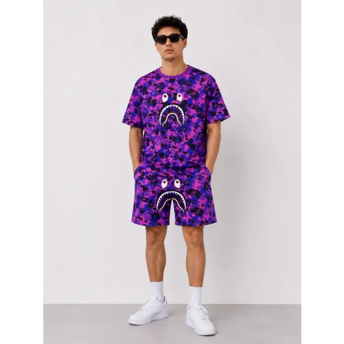 Erkek Oversize Kalıp Pubg Bape X Shark Nakışlı Cepli Şort Takım - Mor