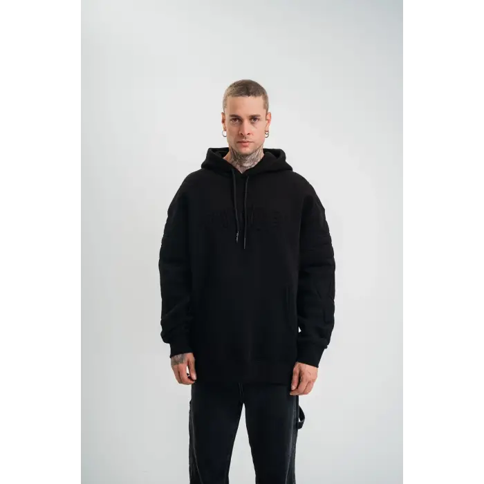Erkek 3 İplik Pamuklu Oversize Kapüşonlu Nakışlı Hoodie SweatShirt - Siyah