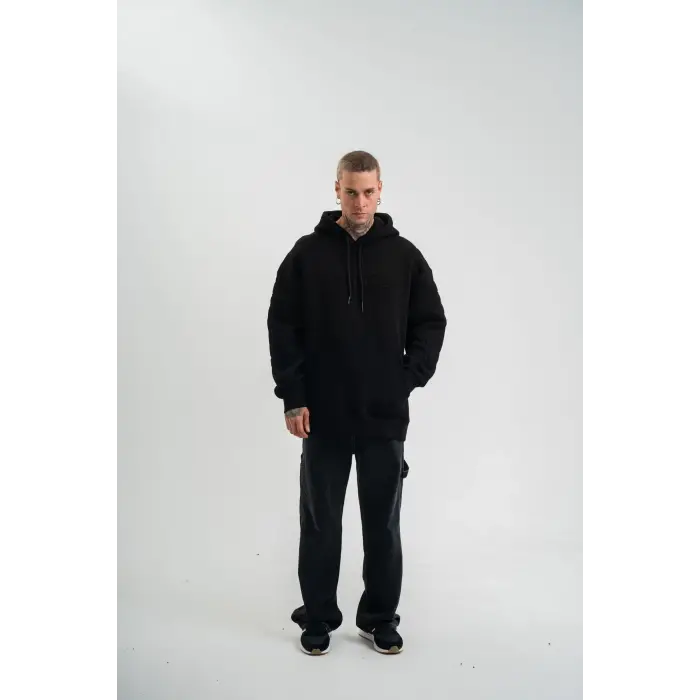 Erkek 3 İplik Pamuklu Oversize Kapüşonlu Nakışlı Hoodie SweatShirt - Siyah