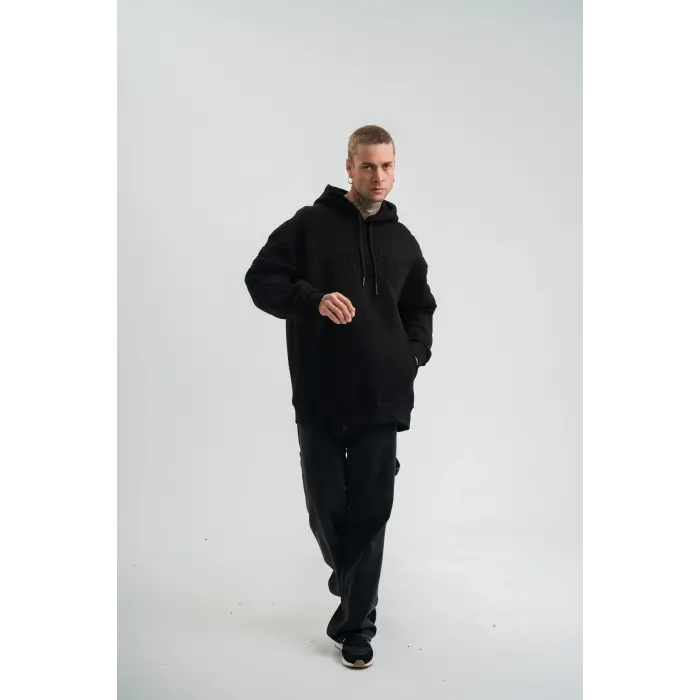 Erkek 3 İplik Pamuklu Oversize Kapüşonlu Nakışlı Hoodie SweatShirt - Siyah