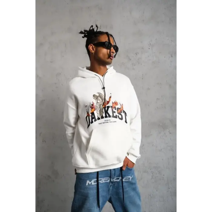Erkek Kapüşonlu Kanguru Cepli Sweatshirt 3 İplik Pamuklu Baskılı Hoodie - Beyaz