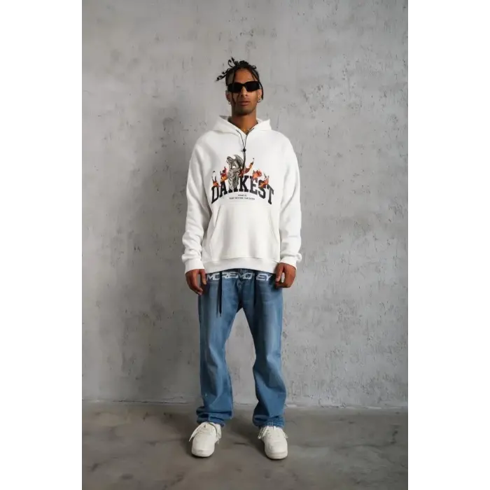 Erkek Kapüşonlu Kanguru Cepli Sweatshirt 3 İplik Pamuklu Baskılı Hoodie - Beyaz