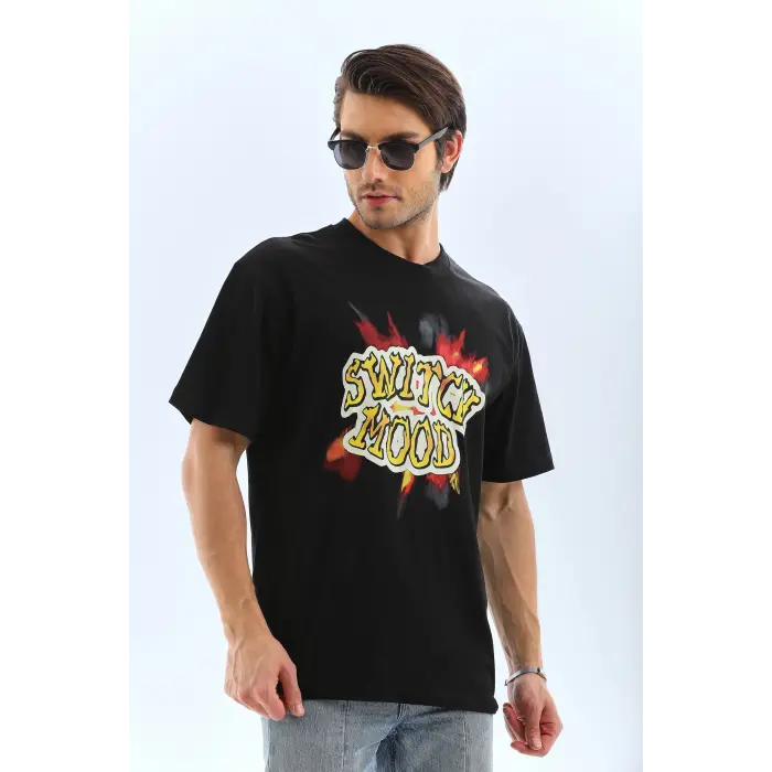 Erkek Kısa Kol Yazlık Tişört Bisiklet Yaka Baskılı Oversize T-Shirt - Siyah