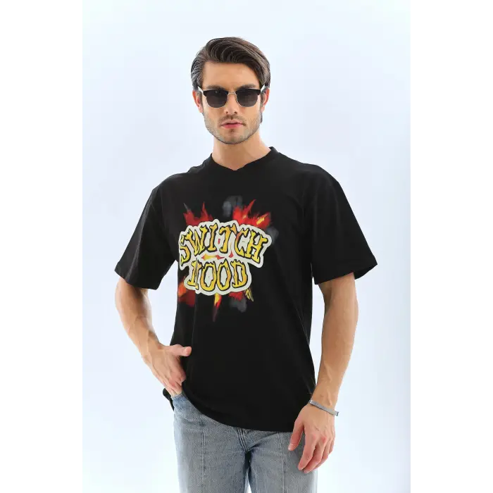 Erkek Kısa Kol Yazlık Tişört Bisiklet Yaka Baskılı Oversize T-Shirt - Siyah